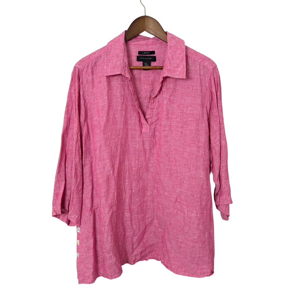Tahari Linen Tunic Top Womens 2X Pink 3/4 Sleeve Coastal Lightweight Popover